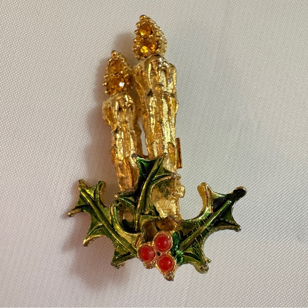 Christmas Candle Brooch Gold Holiday Pin Enamel Holly Berries & Rhinestones